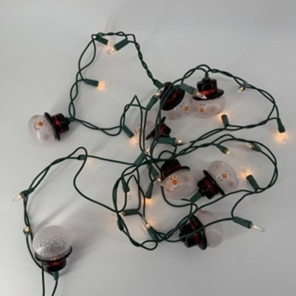 Christmas Snowman String Lights Frosted Head Covers Black Top Hat Green Wire